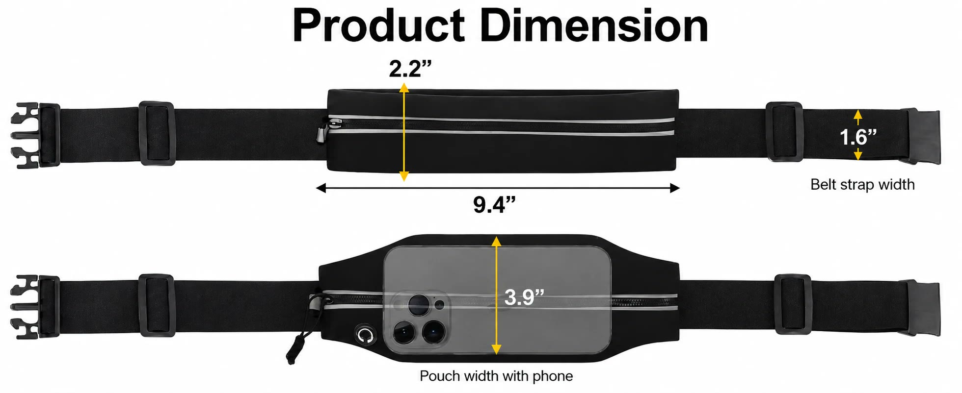 Product dimension diagram: strap 1.6 inches wide, pouch 9.4 inches long by 2.2 inches flat, stretching to 3.9 inches with a phone inside.