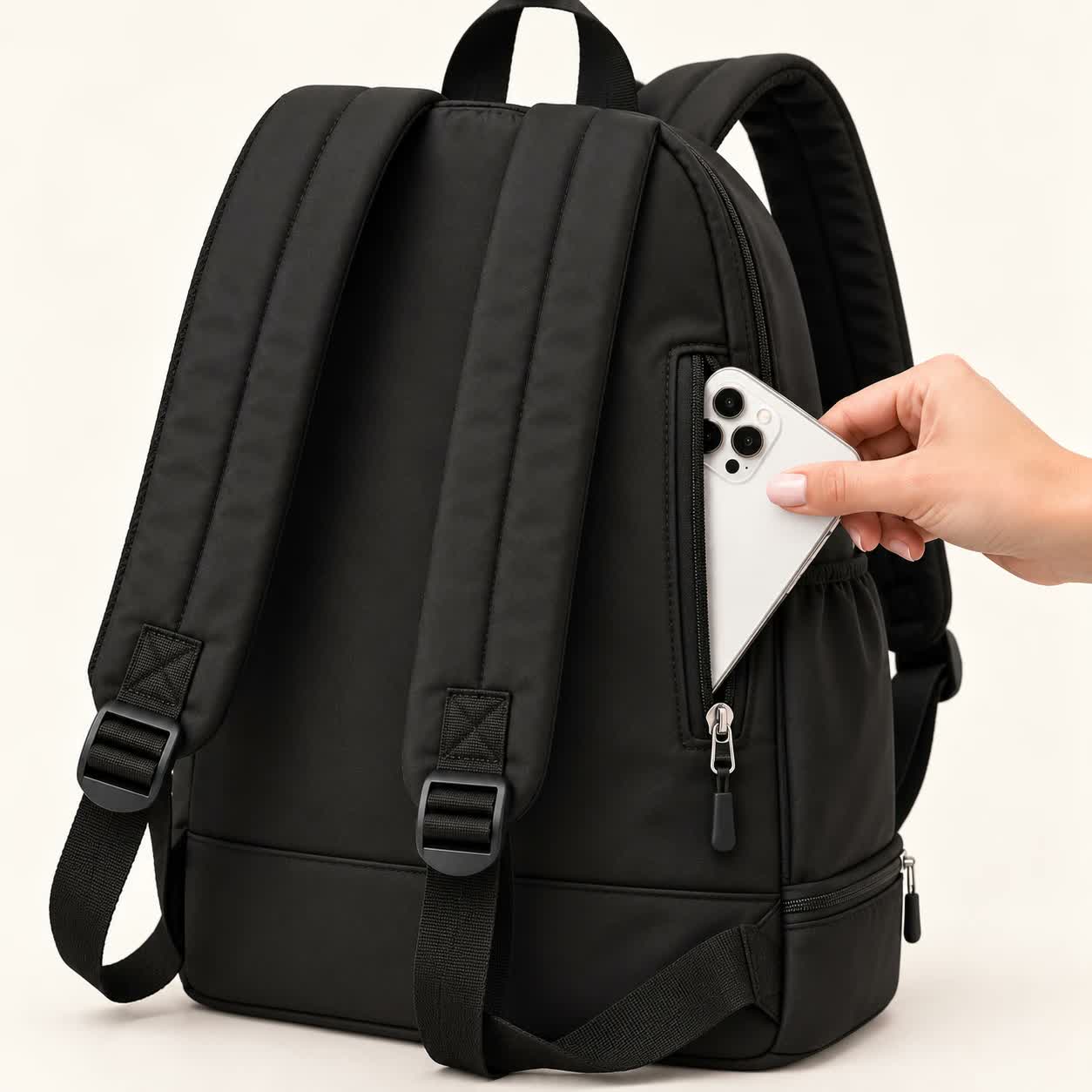A hand slipping a phone into the hidden pocket on the back panel of the worn backpack.