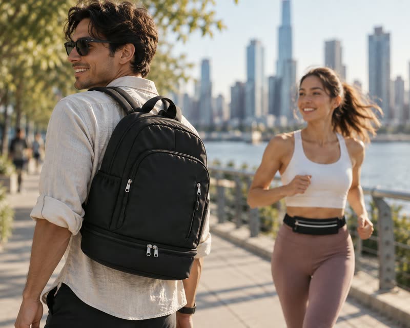 A smiling man in a linen shirt wearing the black Everyday Backpack on a sunny waterfront path, with a woman jogging beside him wearing a TappWoo slim running belt.