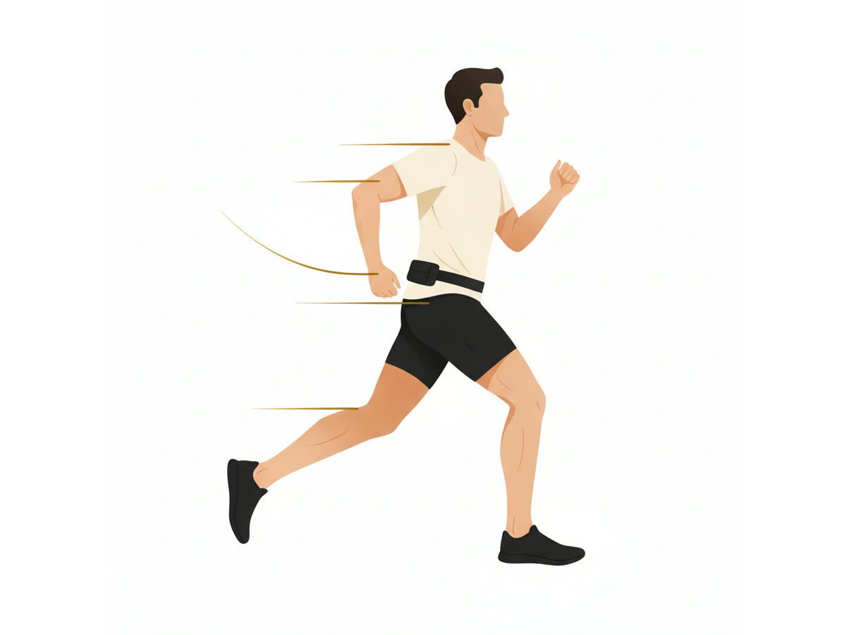 A runner in profile wearing a slim black running belt sitting snug on the hips.