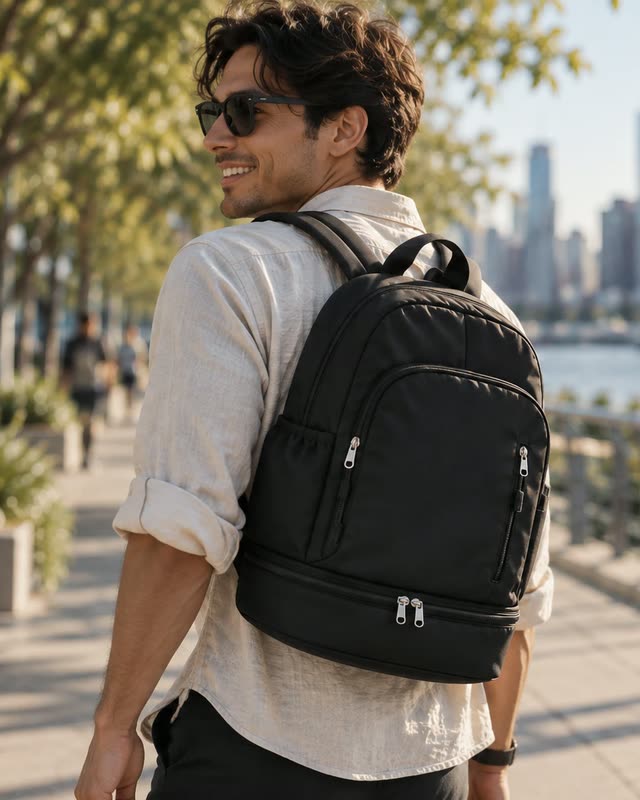 A man in a linen shirt wearing a black backpack on a sunny waterfront path.