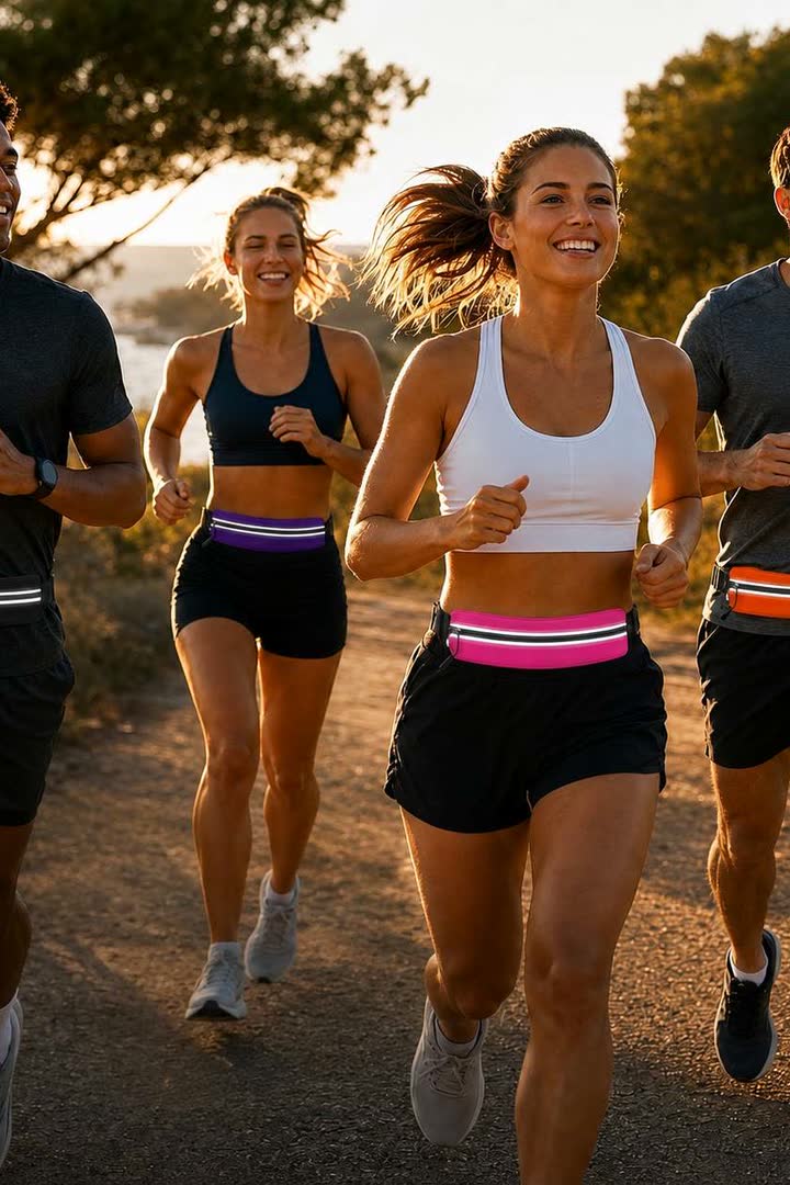 Runners on a trail wearing slim running belts.