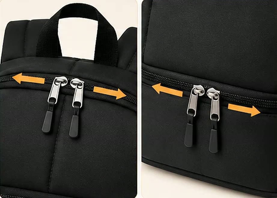 Close-up of the backpack's two-way zipper pulls on the main and bottom compartments.