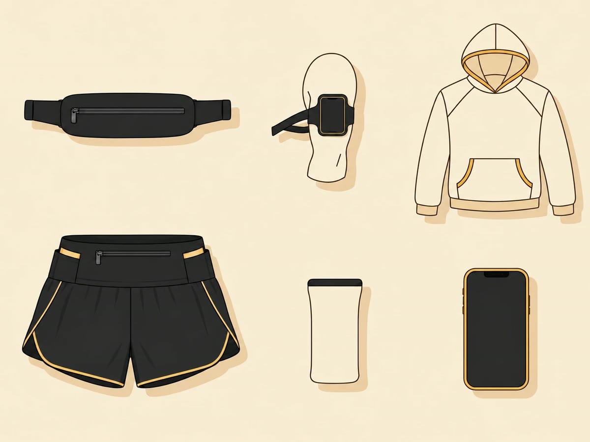 Illustration of ways to carry a phone on a run: a slim running belt, an armband, a hoodie with a pouch pocket, running shorts with a zip pocket, a handheld sleeve and a phone.