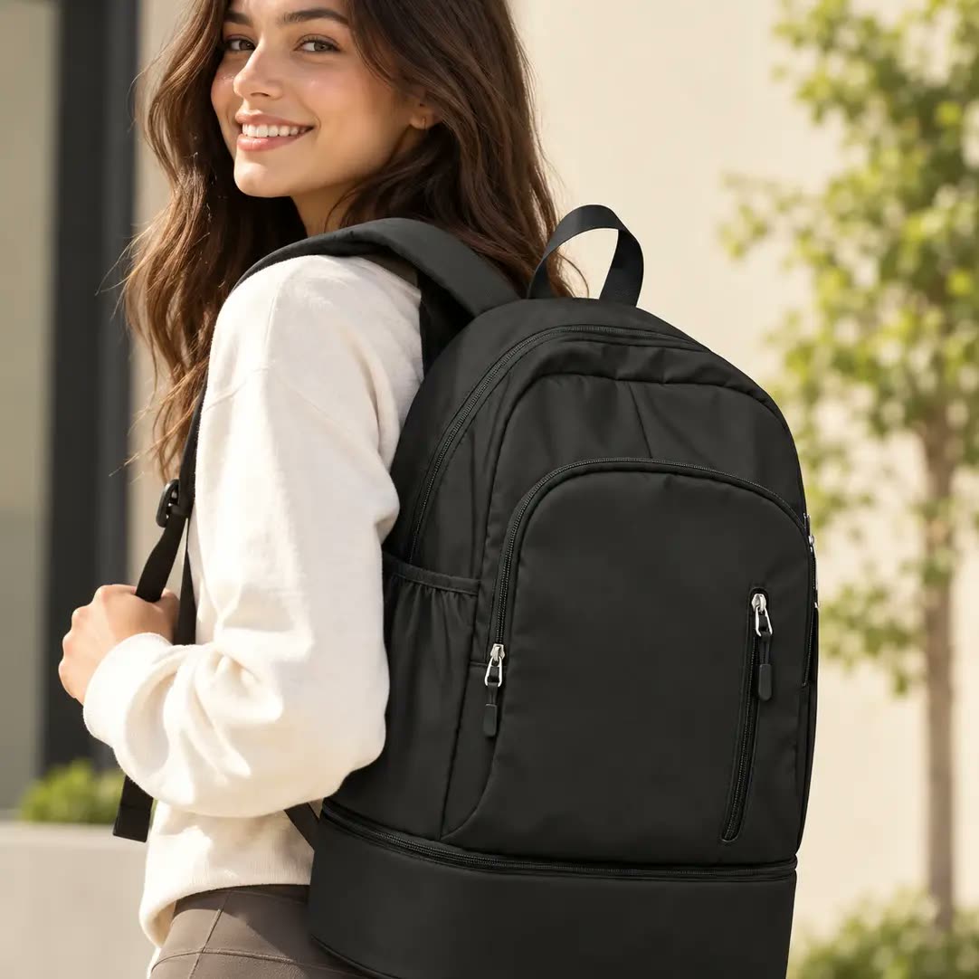 A smiling woman wearing the black Everyday Backpack outdoors.