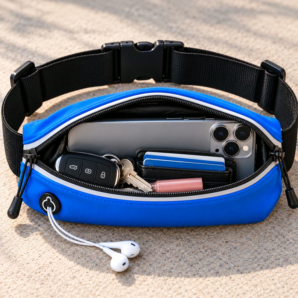 The blue belt unzipped and stretched open around a large phone, car key, keys, cards and lip balm.