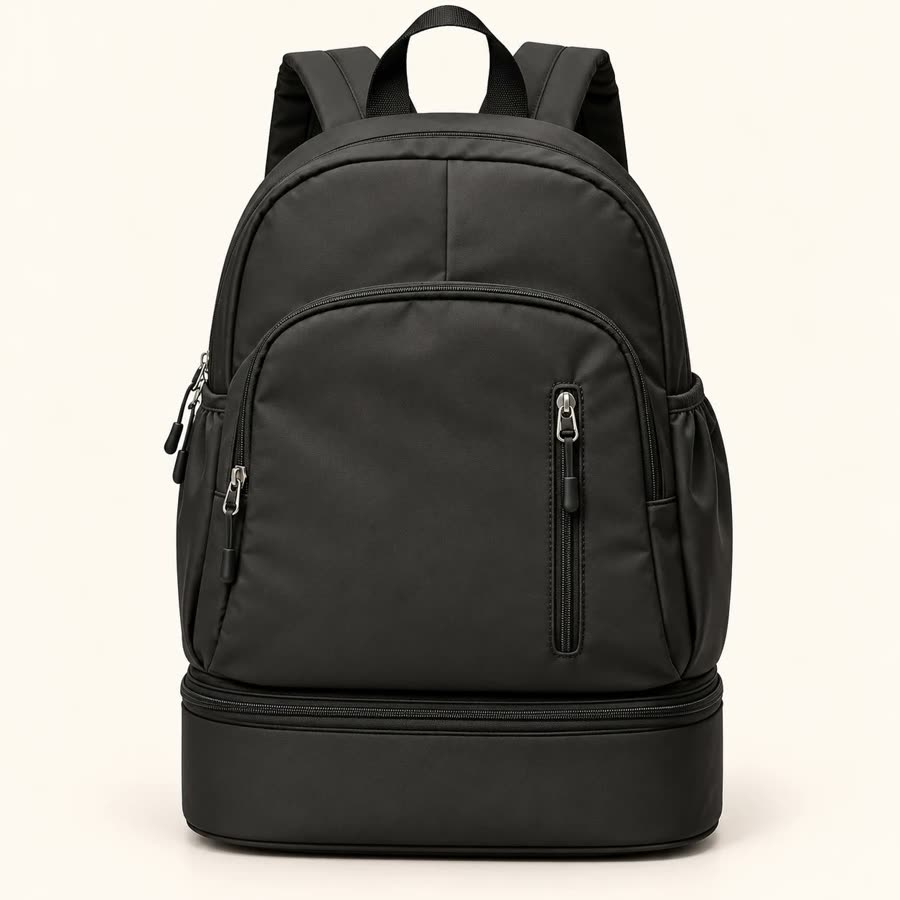 The black Everyday Backpack from the front, with a separate shoe compartment at the bottom.