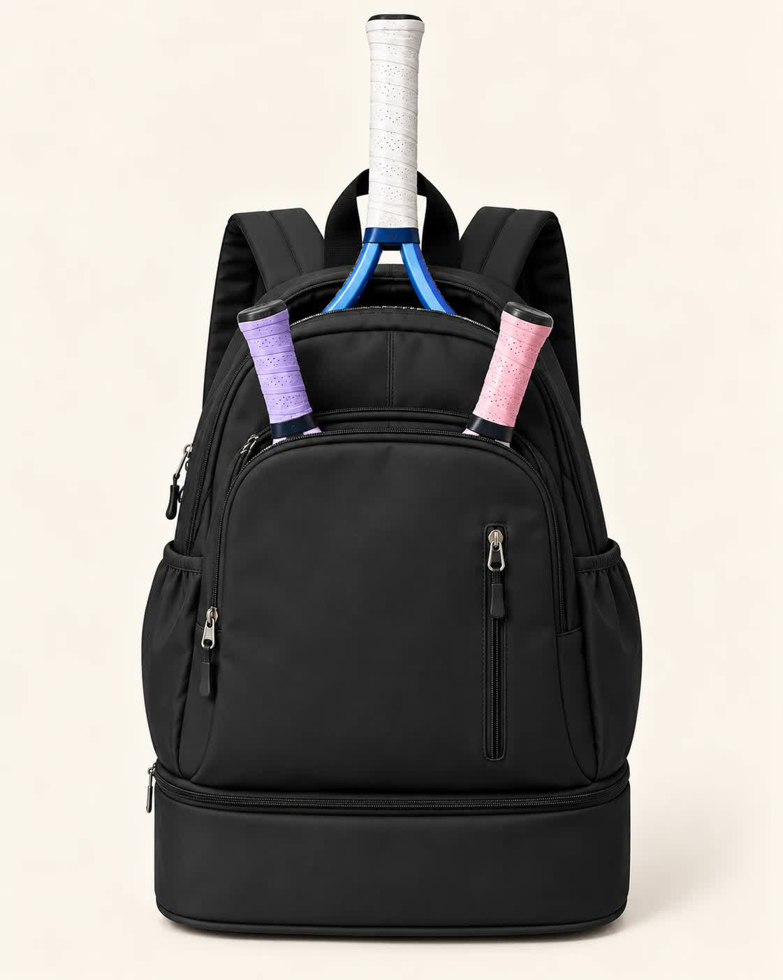 Racket handles fitting into the backpack's roomy front compartment.