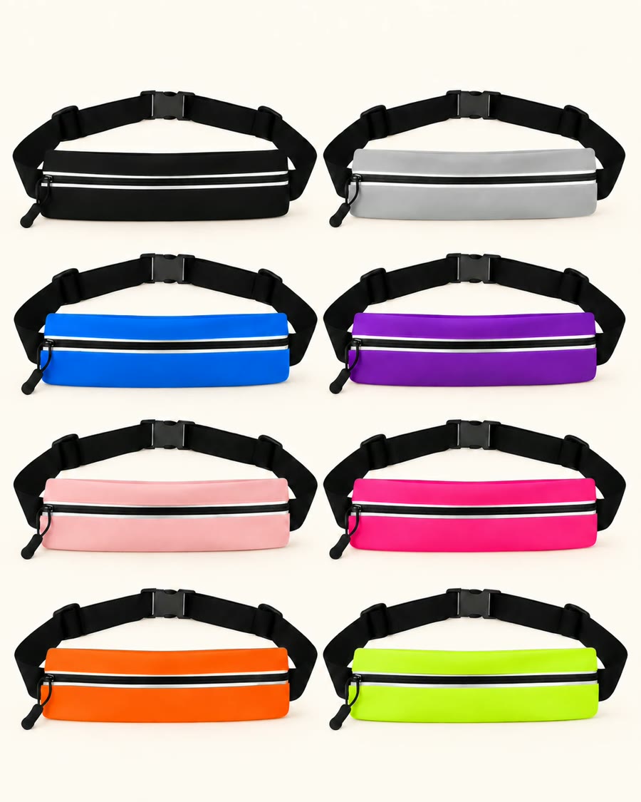 The TappWoo slim running belt shown in all eight colors: black, gray, blue, purple, pink, fuchsia, orange and neon yellow.