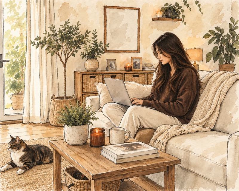 A watercolor illustration of a woman with long brown hair working on a laptop on a cream sofa, with a tabby cat on the rug, plants, a candle and a mug on the coffee table.