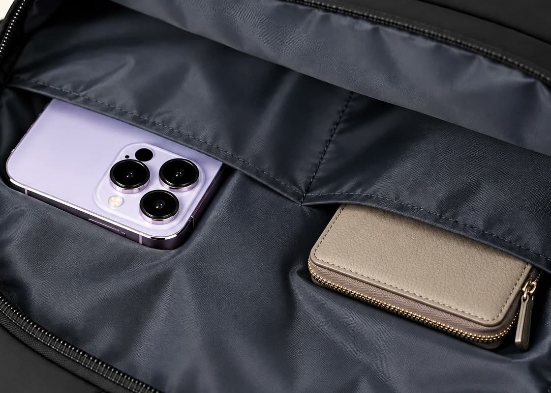 A phone and a wallet in the backpack's internal slip pockets.