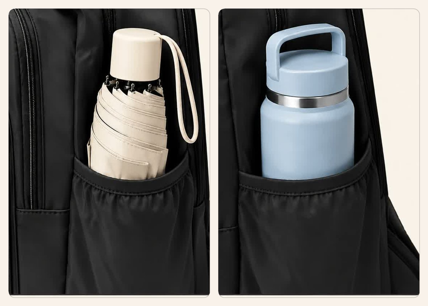 An umbrella and a water bottle each in their own side pocket on the backpack.
