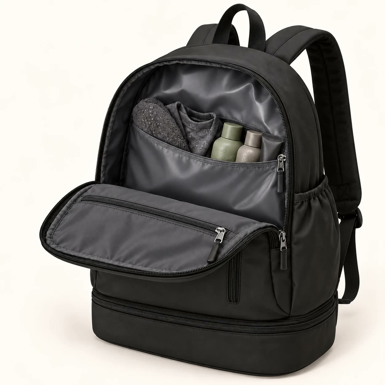 The separate wet pocket inside the backpack, holding folded clothing and travel bottles apart from the rest of the bag.